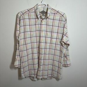 Bills Khakis Shirt Mens‎ L Pink Yellow Long Sleeve Button Up Linen Cotton USA